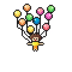 Scene character pixel art. Vector illustration. People floating with a balloon.