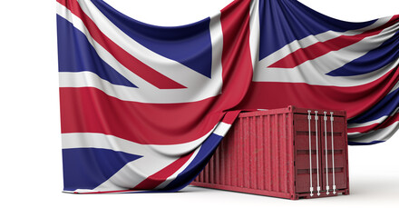 UK flag draped over a commercial trade shipping container. 3D Rendering