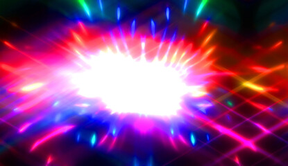 Pretty background of crossing beams of light and glowing particles. Wallpaper of vibrant colorful lights. Shinny light display..