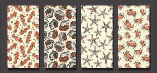 Trendy seamless marine patterns. Set of navigation backgrounds for columbus day. Endless texture, nautical wallpaper