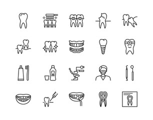 Dentistry flat line icon set. Vector illustration symbol for dental clinic design. Included orthodontics, prosthetics treatment and care. Editable strokes.