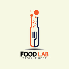 Food Lab logo vector icon illustration design template. lab logo.Lab test tube with spoon and fork.