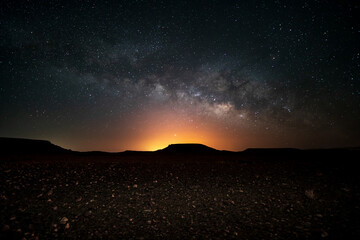 Astro photography: Milky way above city night lights
