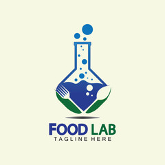 Food Lab logo vector icon illustration design template. lab logo.Lab test tube with spoon and fork.