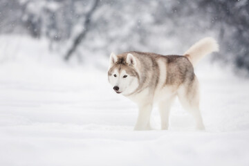 Portrait of siberian husky dog walking in the snowy winter forest.