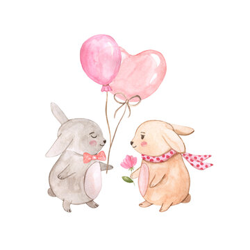 Cute watercolor bunnies couple illustration, isolated on white background. Valentine's day hand painted animals in love. Bunny with air balloons and flower, boy and girl. Nursery design.