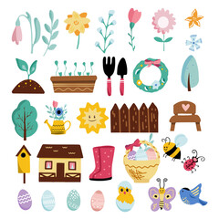 Easter spring set with cute cartoon flowers, 
farming tools, birds, trees, eggs, insects. Hand draw vector illustration