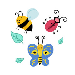 
Set on insects in cartoon style - cute butterfly, beetle and bee isolated on white background. Bright multicolored hand drawn vector illustration