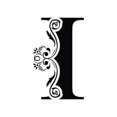 letter I. Black flower alphabet. Beautiful capital letters with shadow