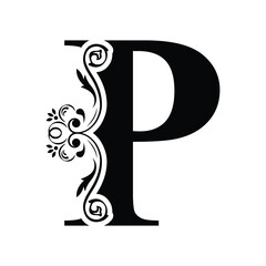 letter P. Black flower alphabet. Beautiful capital letters with shadow