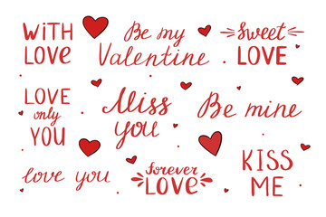 Lettering about love with heart. Hand drawn romantic phrase for Valentines day. Modern brush calligraphy. For card, sticker, letter. Vector illustration isolated on white background