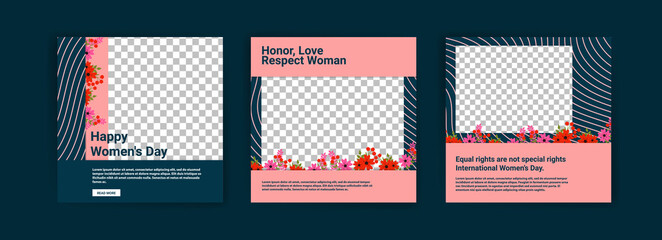 Social media post templates for women's day. Women's day cute greeting card set with flowers.