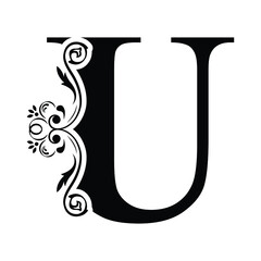 letter U. Black flower alphabet. Beautiful capital letters with shadow