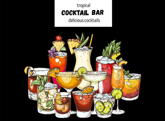 Alcoholic cocktails. Hand drawn vector illustration. Hand drawn drinks illustration. Cocktails set. Menu design elements.