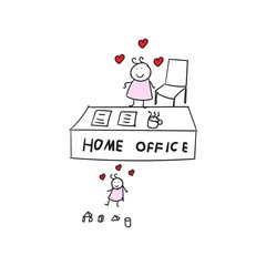 Line drawing. Line art family members working at home. The joy of working at home. Home office. Vector illustration.