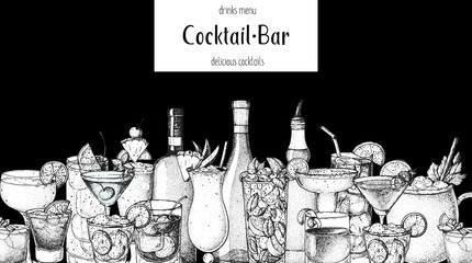 Alcoholic cocktail sketch. Hand drawn vector illustration. Hand drawn drinks illustration. Cocktails set. Menu design elements.