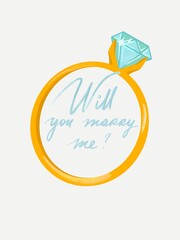 Golden wedding ring with proposal words Will you marry me and big diamond for card, website and advertisement trendy vector illustration
