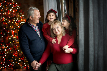 Grandmothers and a cheerful grandfather with small laughing granddaughters twins celebrate Christmas at the Christmas tree.
