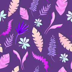 Fototapeta na wymiar Tropical purple forest leaves background with cartoon neon plants seamless pattern