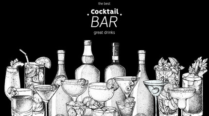 Alcoholic cocktails sketch. Hand drawn vector illustration. Hand drawn drinks illustration. Cocktails set. Menu design elements. - obrazy, fototapety, plakaty