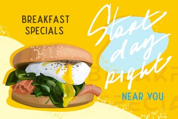 Breakfast egg burger and smoked salmon offer layout. Breakfast and lunch special offer and delivery near you. Design for food menu, cafe, food blog and recepies.