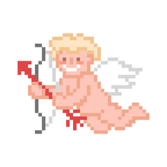Pixel art cupid with bow and arrow isolated on white background. Valentine's day 8 bit character. Boy angel. February 14 mascot. Old school vintage retro 80s-90s slot machine/ video game graphics.
