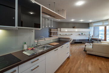 Contemporary interior of kitchen in luxury studio apartment. Modern kitchen set with dark wooden counter and sink.