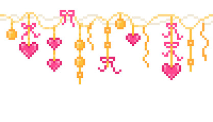 Pixel art wedding, Valentine's day, party, romantic date gold and pink garland with hearts, ribbons, bows, balls.Romantic 8 bit horizontal border isolated on white background.Retro video game graphics
