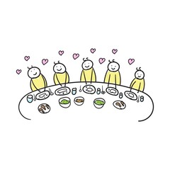 Happy family having meal together. Line drawing. The family eats on the table.