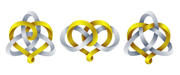 Set of heart signs with triquetra knot and infinity symbol made of intertwined mobius stripes. Symbols of harmonic eternal love. Vector illustration.