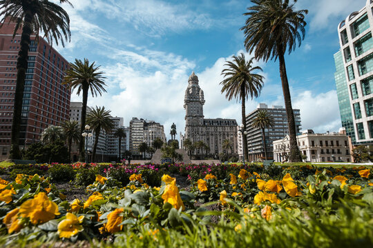 Beautiful day at historic center of Montevideo with Salvo Palace behind