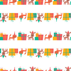 Seamless pattern of cartoon funny cats and dogs with gifts boxes in row