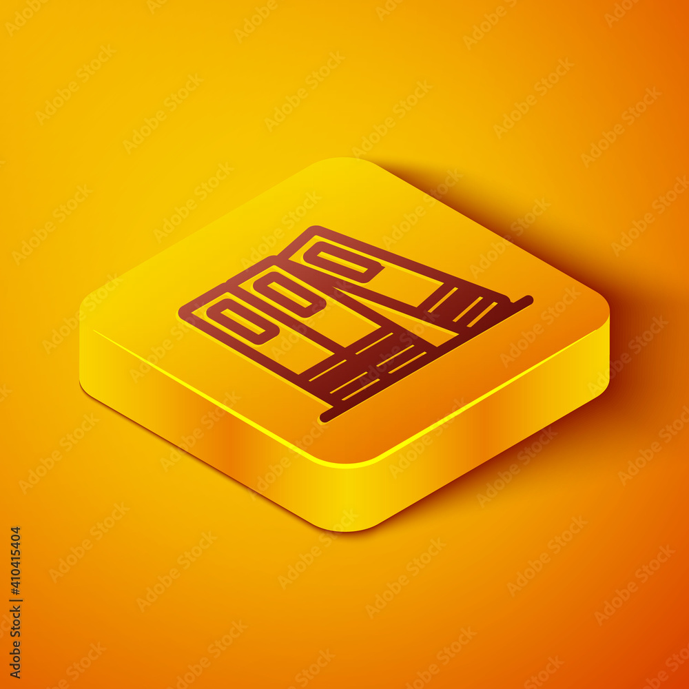 Poster isometric line office folders with papers and documents icon isolated on orange background. office b