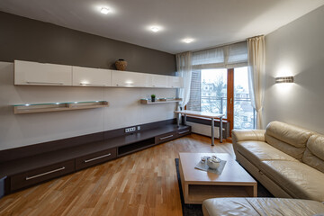 Modern interior of luxury apartment. Leather couch. Coffee table.