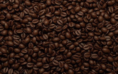 Dark freshly roasted coffee beans 3d rendering background. Top view. Masses of coffee beans close up.