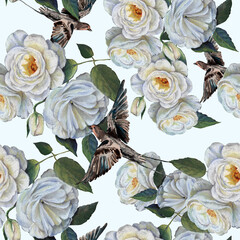 Garden flowers rose with leaves draw in pastel. Floral seamless pattern flowers with bird swallow on white background.