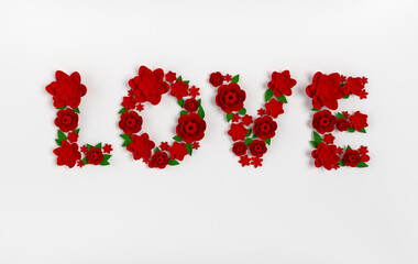 3d render text LOVE made of paper flowers and leaves on white background. Modern paper art design for cards or banner for 14 february Valentines Day, wedding.