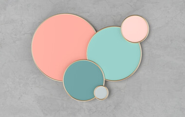 3d rendered geometric shapes, round podium . Platforms for product presentation, mock up background. Abstract composition in minimal design, pastel and gold colors