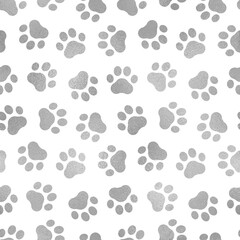 Fototapeta na wymiar Seamless pattern pet prints. Paw patterns with foil effect. Cute silver marble background. Repeated delicate texture. Glitter patterns. Repeating elegant abstract design pets dog, cat. Vector