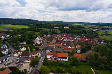 Fototapeta na wymiar Aerial view of the old town of the city Seßlach in Germany on a sunny day in spring. 