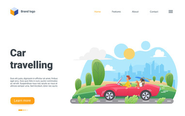 Family people travel by car vector illustration. Cartoon man woman travelers characters and pet dog sitting in cabriolet, traveling summer landscape with modern city on horizon, road trip landing page