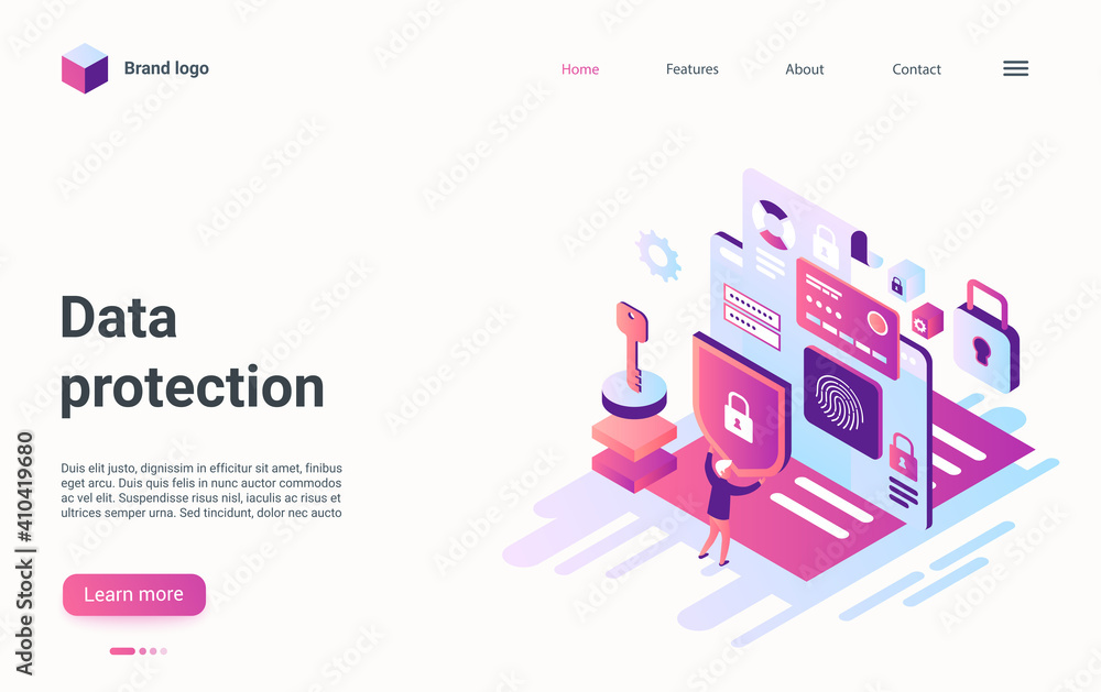 Poster data protection service, network security isometric vector illustration. cartoon 3d fingerprint scan