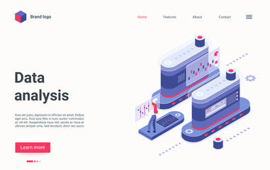 Data analysis concept isometric vector illustration. Cartoon 3d specialist analyst character working with abstract analytics machine to manage graphic settings for business development landing page