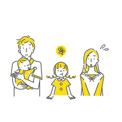 シンプルでおしゃれな4人家族の線画イラスト素材　困る