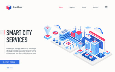 Smart city service isometric vector illustration. Cartoon 3d internet of things innovative concept, urban futuristic cityscape with smart future technology, networks and augmented reality landing page