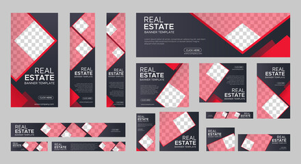 Real Estate web banner design template Set. Vertical, Horizontal and Square banners with standard size and place for photos. Vector design EPS	