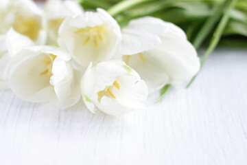 Fototapeta na wymiar White fresh tulips on wooden background, nice tender spring flowers on wood texture, tulip bouquet frame, 8 March, Valentine, mother day birthday wedding gift 