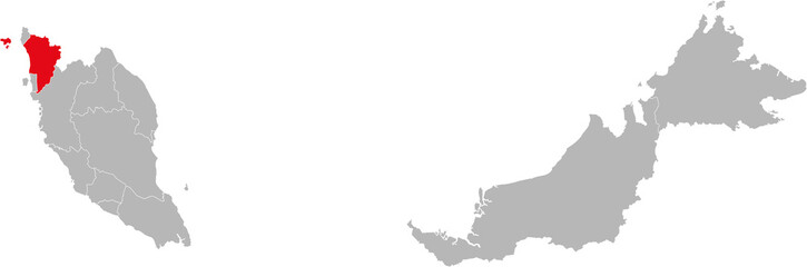 Kedah state isolated on malaysia map. Gray background. Business concepts and backgrounds.