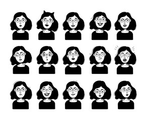 Woman characters emotion portrait set. Person portraits with facial expression. Girl Avatar. Vector illustration in flat doodle monochrome outline style