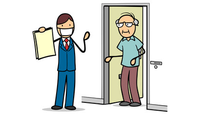 Vertreter mit Mundschutz bei Haustürgeschäft mit Senior